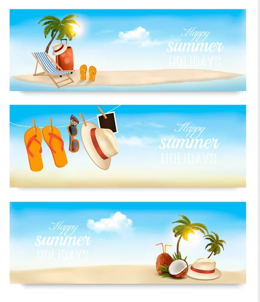 Tropisk ö med palmer, en solstol och en resväska. Semester — Stock vektor