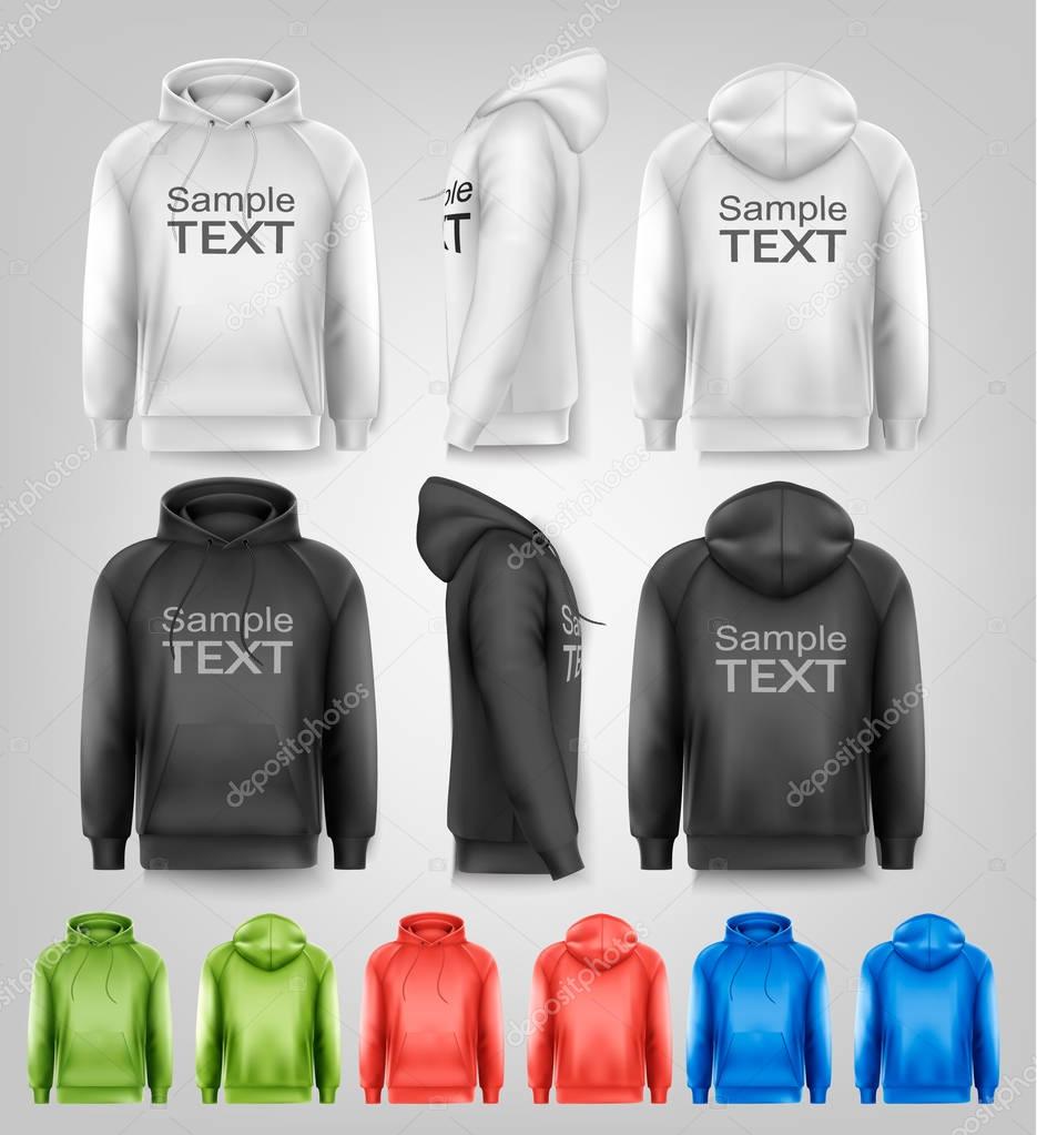 Set of black and white and colorful male hoodies with sample tex