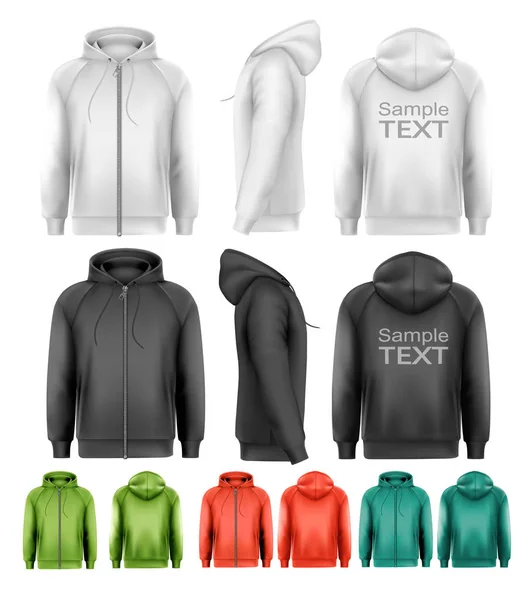 Set of black and white and colorful male hoodies with zipper. Ve — Stock Vector