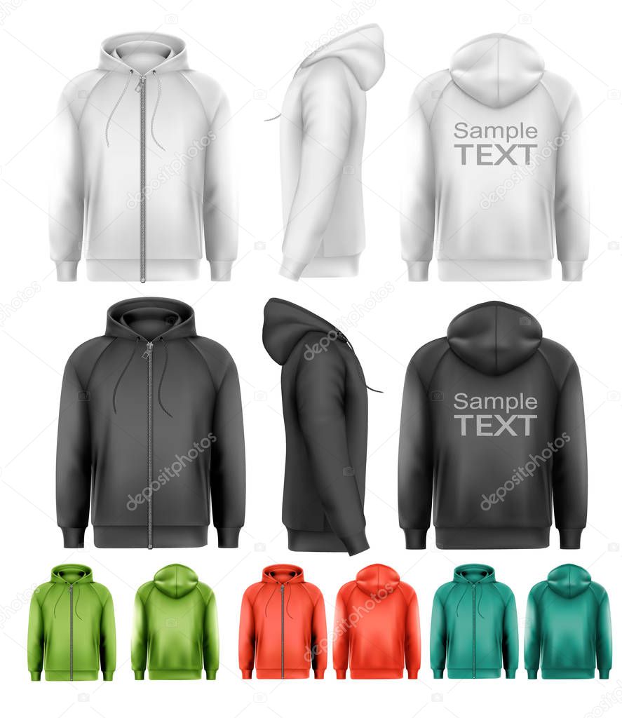 Set of black and white and colorful male hoodies with zipper. Ve