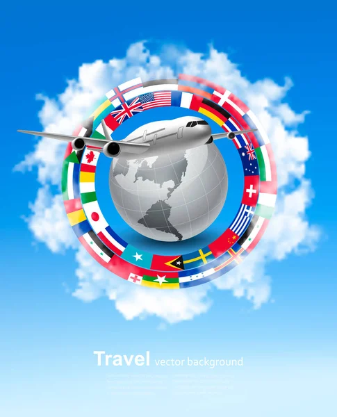 Travel background. Globe with a plane and a circle of flags. Vec — Stock Vector
