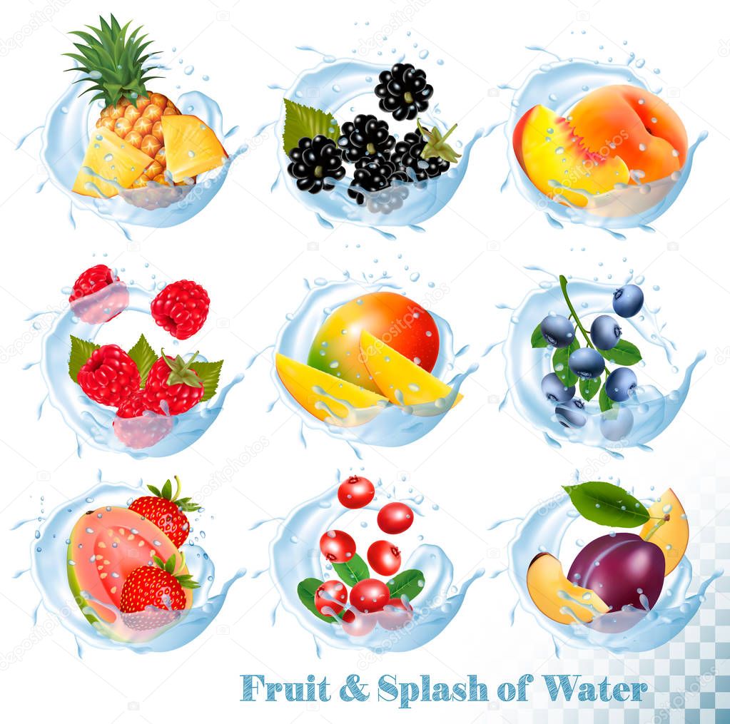 Big collection of fruit in a water splash icons. Pineapple, mang