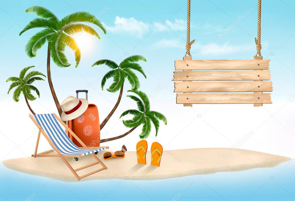 Beach with palm trees and wooden sign. Summer vacation concept b
