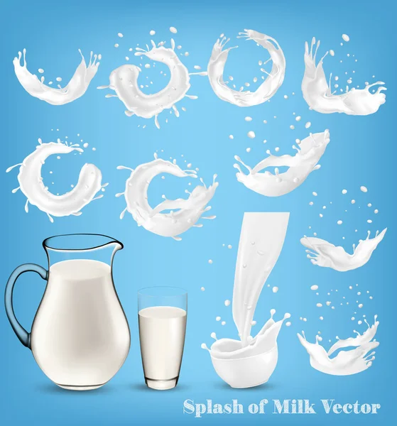 Splash van melk op transparante achtergrond. Vector set — Stockvector