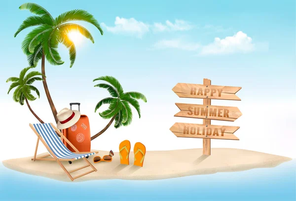 Tropisk ö med palmer, en solstol och en resväska. Semester — Stock vektor