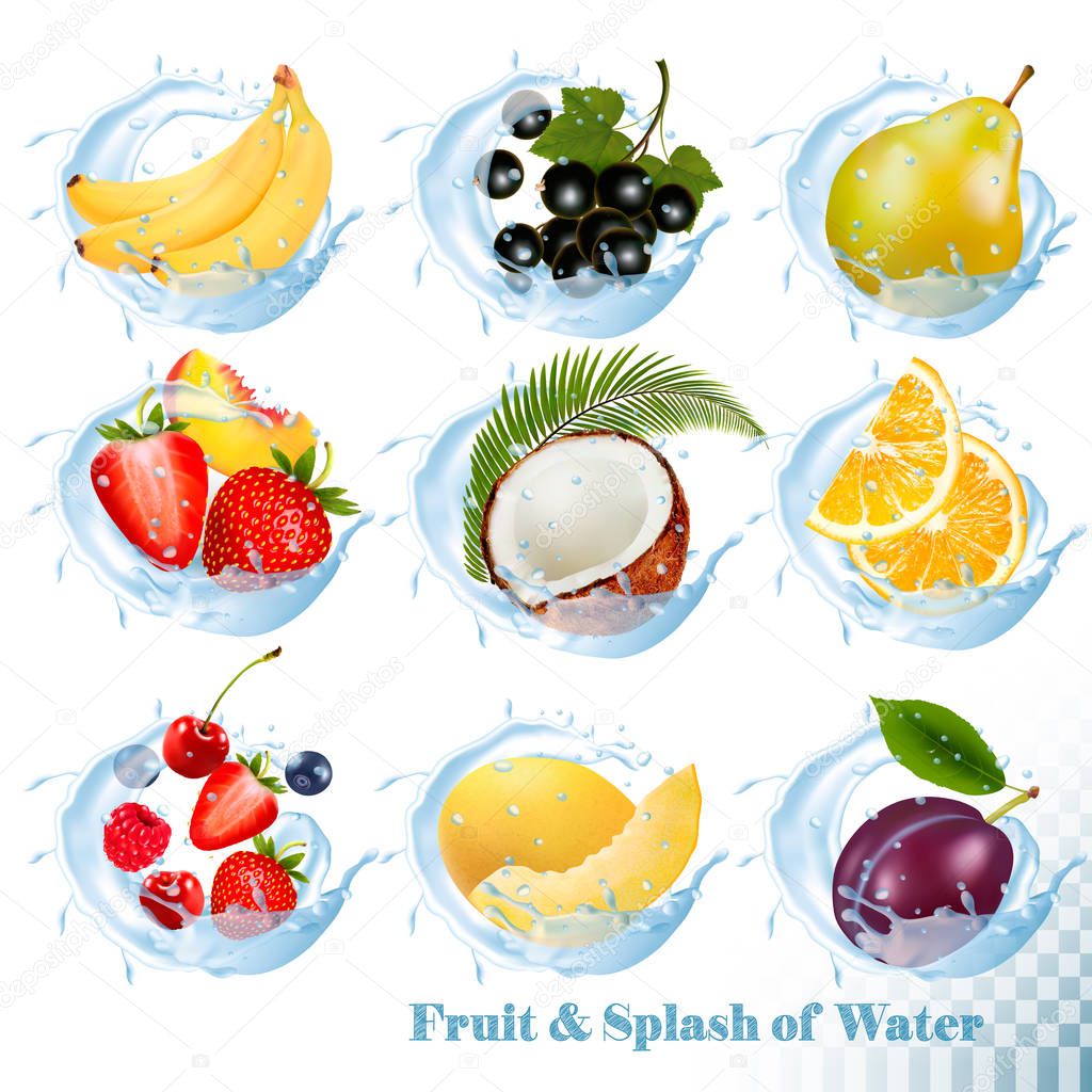 Big collection of fruit in a water splash icons. Banana, coconut