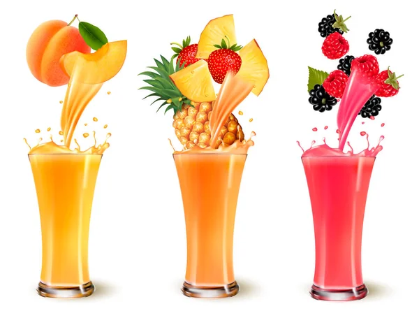 Set van fruit sap splash in een glas. Abrikoos, ananas, strawb — Stockvector