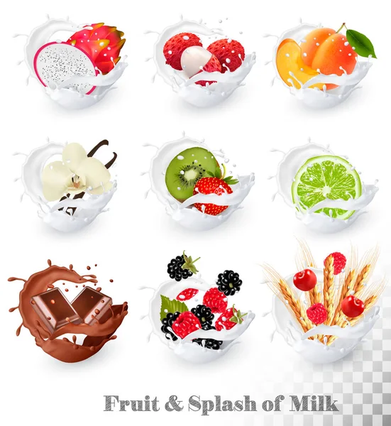 Set of different milk splashes with fruit, nuts and berries. lit — Stock Vector