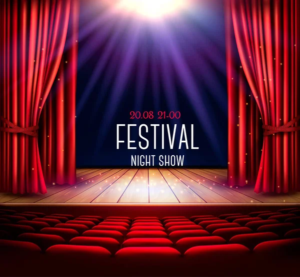 A theater stage with a red curtain and a spotlight. Festival nig — Stock Vector