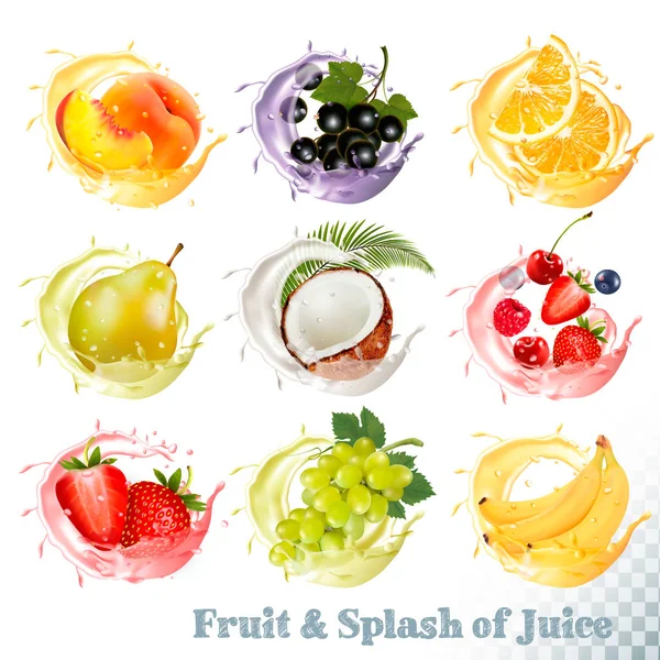 Set van fruit sap splash. Perzik, sinaasappel, peren, druiven, banaan, — Stockvector