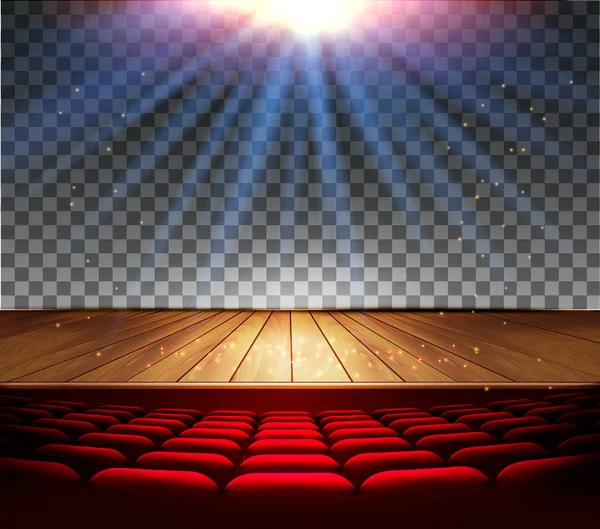 Escenario de madera del teatro con un foco en un fondo transparente — Vector de stock