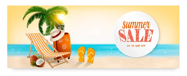 Zomer verkoop banner met een strand vakantie achtergrond. Vector. — Stockvector