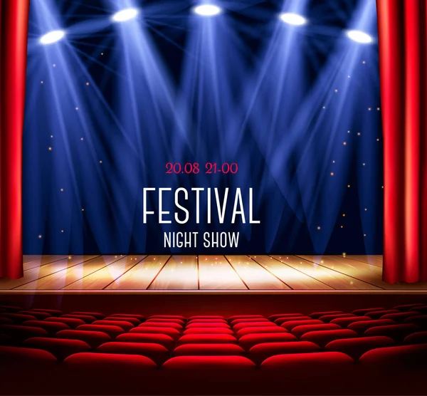 Un escenario de teatro con una cortina roja y un foco. Festival nig — Vector de stock