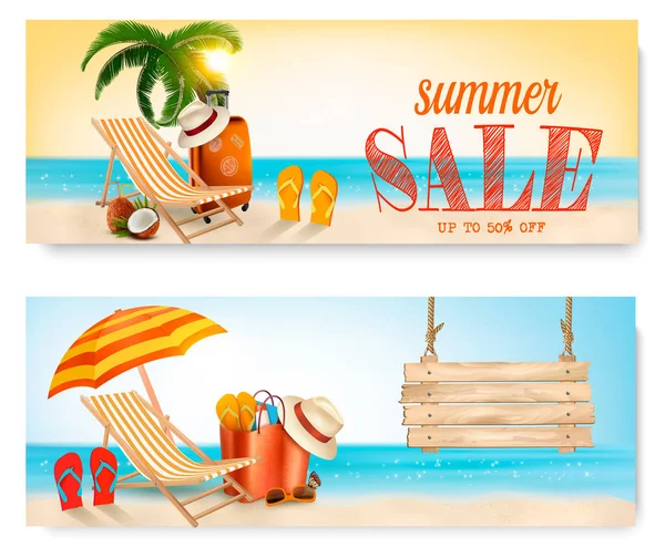 Due banner di vendita estivi con sedia da spiaggia e oceano. Illus vettoriale — Vettoriale Stock