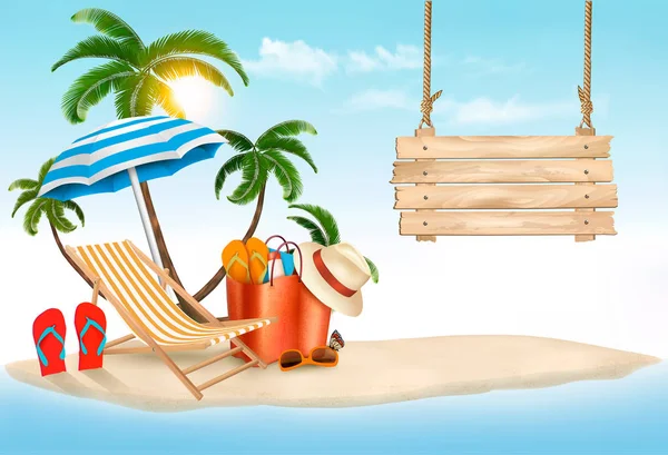 Isla tropical con palmeras, una silla de playa y una maleta. Vacati. — Vector de stock