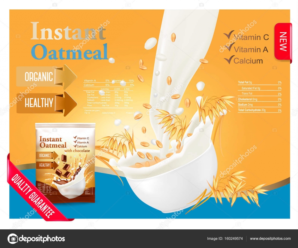 Instant oatmeal advert concept. Milk flowing into a bowl with oa Stock
