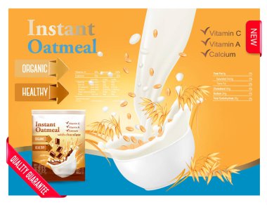 Anlık yulaf ezmesi reklam kavramı. Oa ile bir kase içine akan süt
