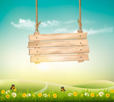 Yeşil manzara ve ahşap işareti ile yaz doğa arka plan. V