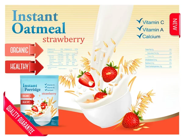 Instant havermout met aardbei advertentie concept. Melk vloeiende int — Stockvector