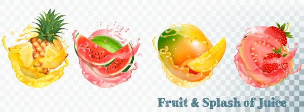 Set van fruit sap splash. Ananas, aardbeien, watermeloen, m — Stockvector
