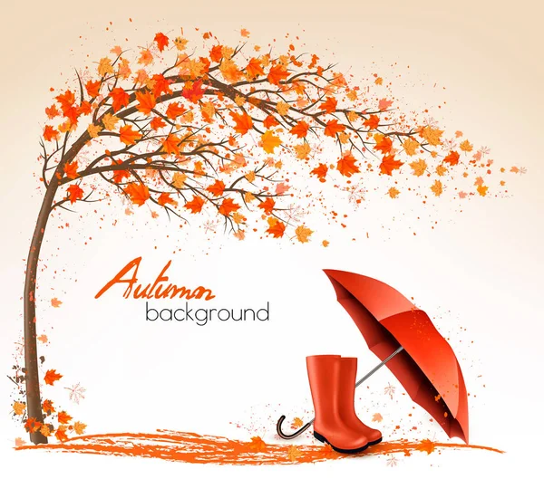 Podzimní bannery se stromy a deštník a déšť boty. Vektor. — Stockový vektor