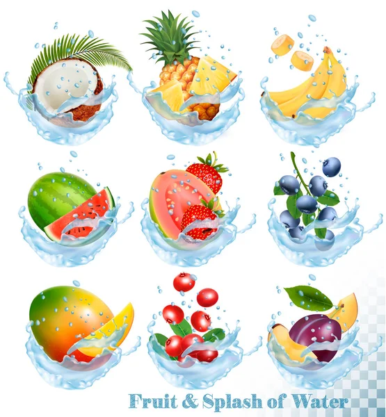 Gran colección de frutas en iconos de salpicaduras de agua. Piña, mang — Archivo Imágenes Vectoriales