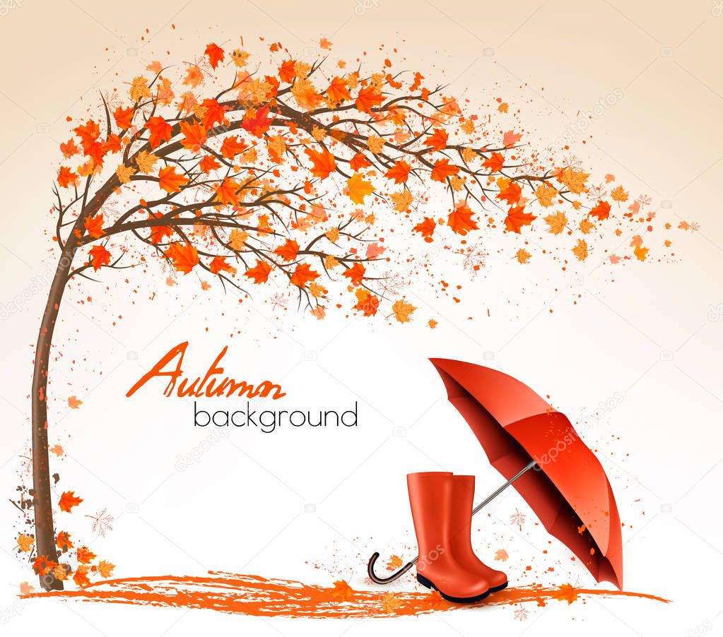 Autumn banners with trees and umbrella and rain boots. Vector.