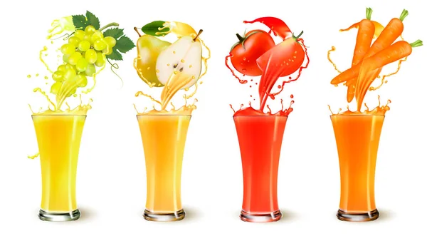 Set of fruit juice splash in a glass. Grapes, pear, carrot and t — Stock Vector