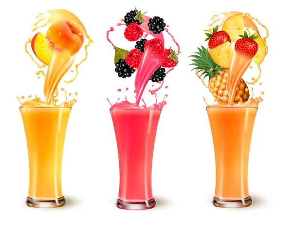 Set van fruit sap splash in een glas. Perzik, aardbei rasberry — Stockvector