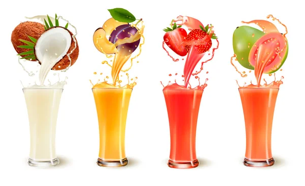 Set van fruit sap splash in een glas. Cocosnoot, plum, aardbei — Stockvector