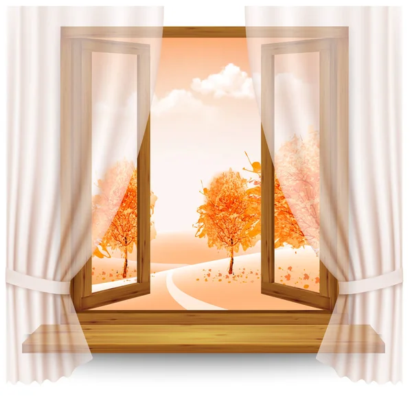 Natureza outono fundo com moldura de janela de madeira com cortinas — Vetor de Stock