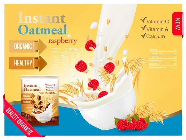 Farina d'avena istantanea con concetto annuncio lampone. Latte che confluisce — Vettoriale Stock