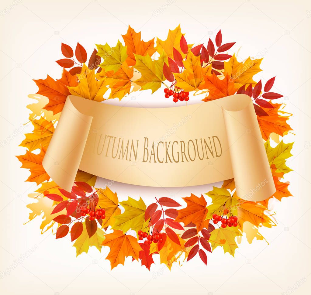 Nature Autumn Background With Colorful Leaves. Vector.