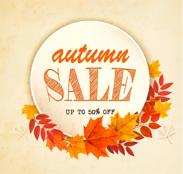 Herfst verkoop kaart met kleurrijke bladeren. Vector. — Stockvector