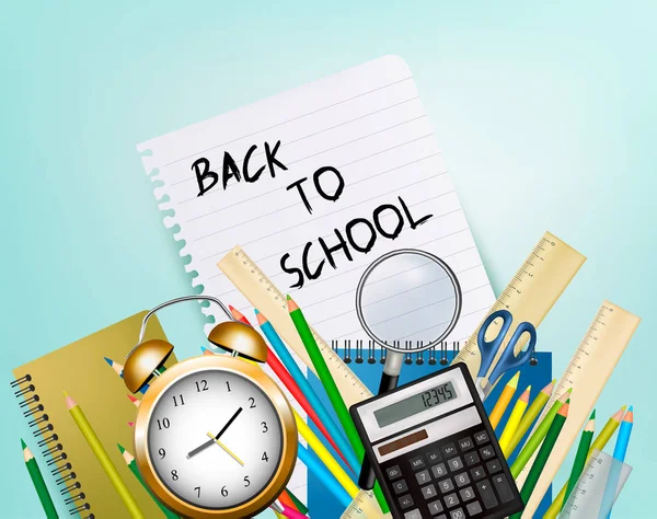 Back To School Background With Supplies And Sheet Of Notebook. L — Stock Vector