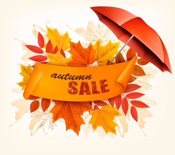 Herfst Sale kaart met kleurrijke bladeren en parasol. Vector. — Stockvector