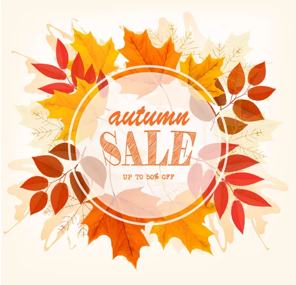 Carte de vente d'automne avec feuilles colorées. Vecteur . — Image vectorielle