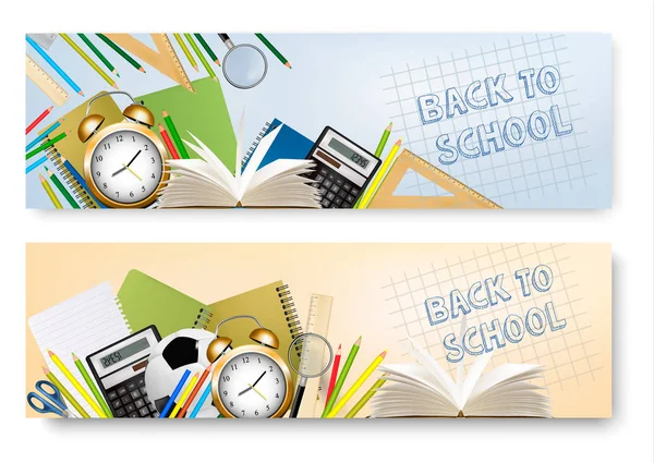 Terug naar School Banners met leveringen gereedschap. Gelaagde Vector. — Stockvector