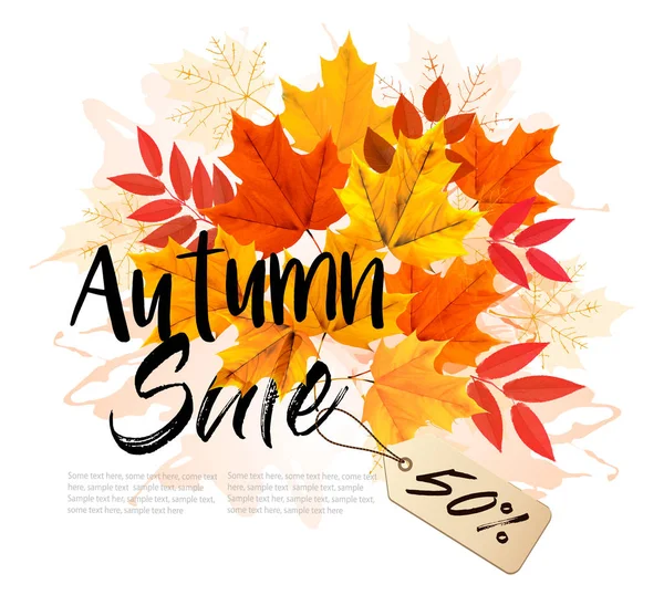 Autumn Sale Card With Colorful Leaves. Vector. — Stock Vector