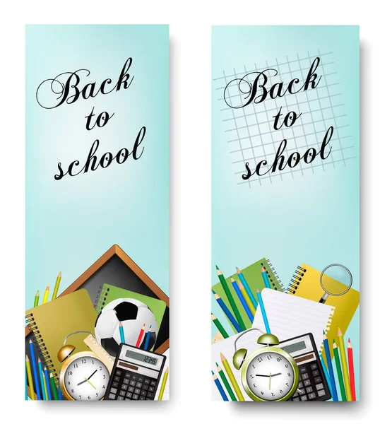 Dos banners Back to School con Suministros Tols y pizarra. La. — Vector de stock