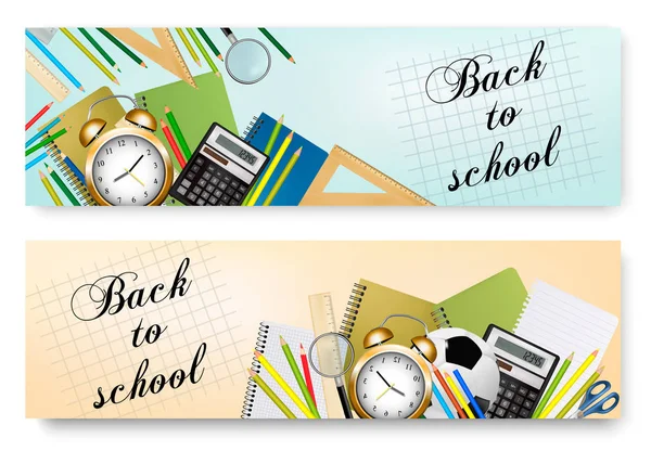 Banners de vuelta a la escuela con herramienta de suministros. Vector en capas . — Vector de stock