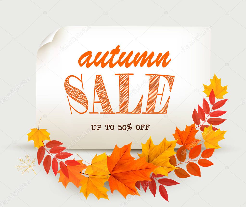 Autumn Sales Card With Colorful Leaves. Vector.