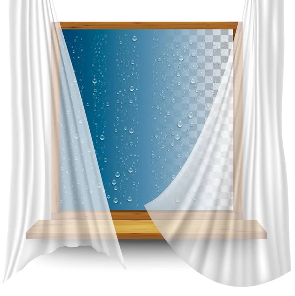 Quadro de janela de madeira com cortinas e gotas de água no tran —  Vetores de Stock