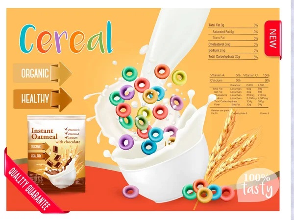 Leche que fluye en un tazón con cereal. Elemento de diseño para embalaje y publicidad. Vector — Vector de stock