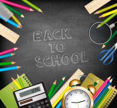 Okula geri arka plan ile malzemeleri Tols ve kara tahta. Lay