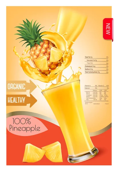 Etichetta di succo d'ananas spruzzare in un bicchiere. Modello di disegno. Vec — Vettoriale Stock