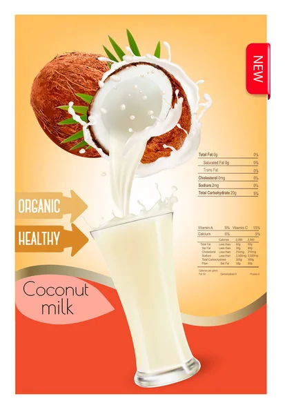 Etikett der Kokosmilch spritzt in einem Glas. Entwurfsvorlage. Vektor — Stockvektor