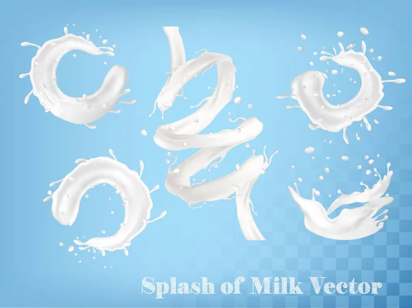Splash van melk en op transparante achtergrond. Vector set — Stockvector