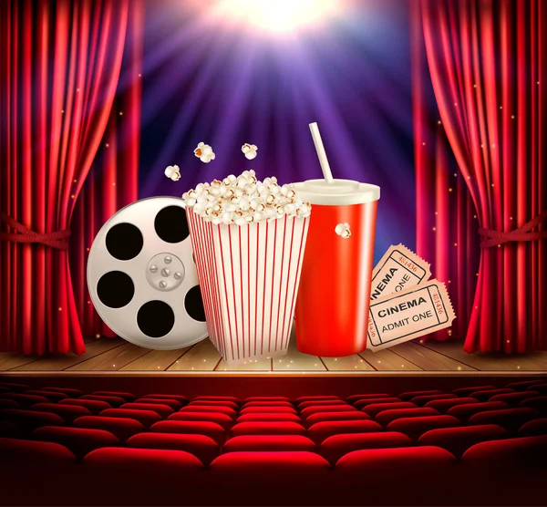 Cinema background with a film reel, popcorn, drink and tickets. — Stock Vector