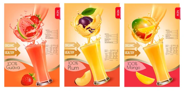 Serie di etichette di di di frutto in spruzzi di succo. Fragola, guava , — Vettoriale Stock
